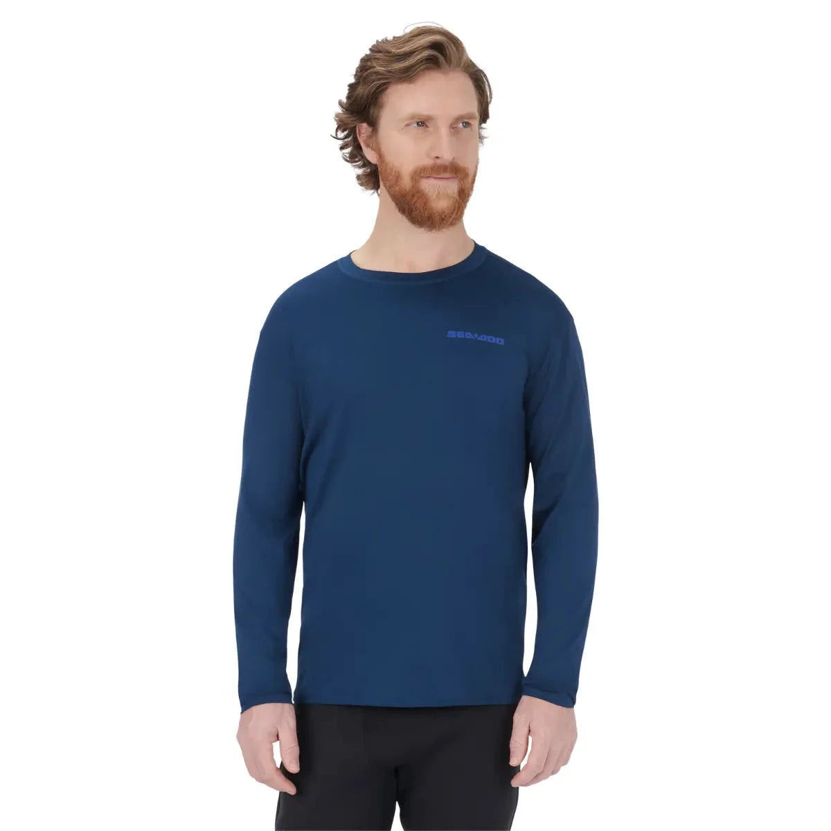 Sea-Doo men's UV protection long-sleeve rash guard, navy blue with SEA-DOO logo.