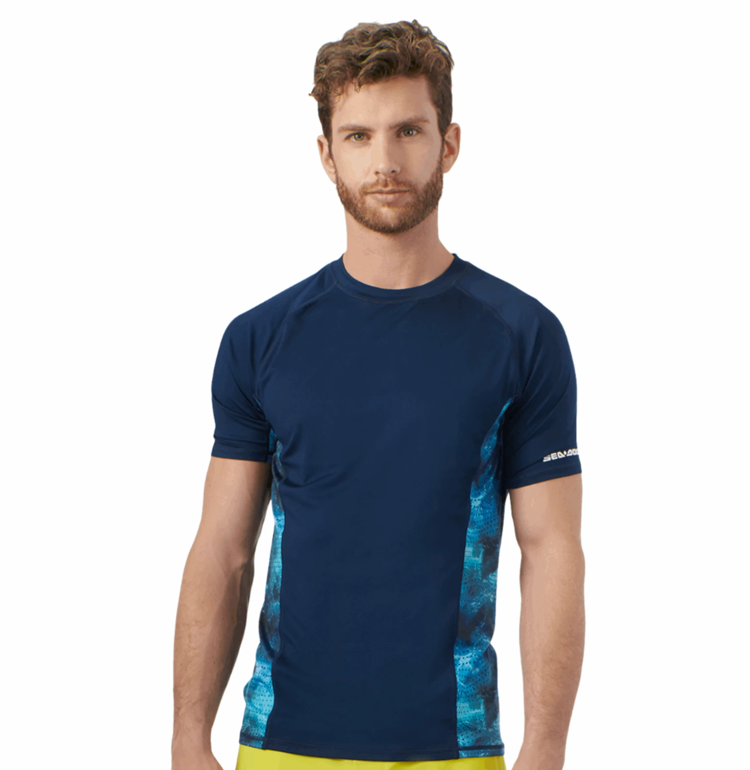 Sea-Doo men's short-sleeve rashguard performance, navy with teal side panels and Sea-Doo logo on sleeve
