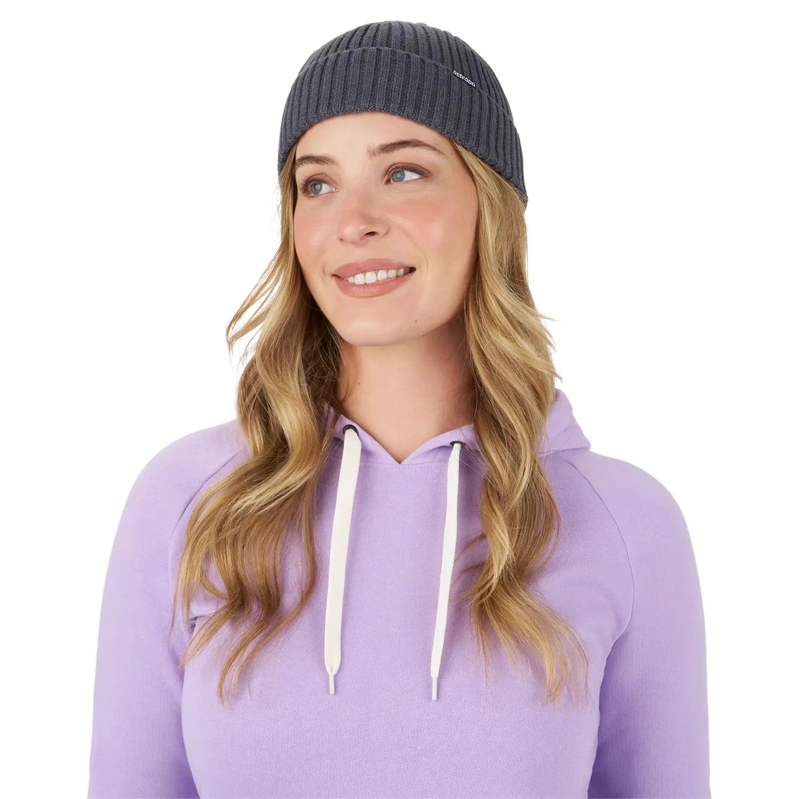 Sea-Doo Short Beanie, gray knit hat by BRP, PWC riding gear, worn by model.