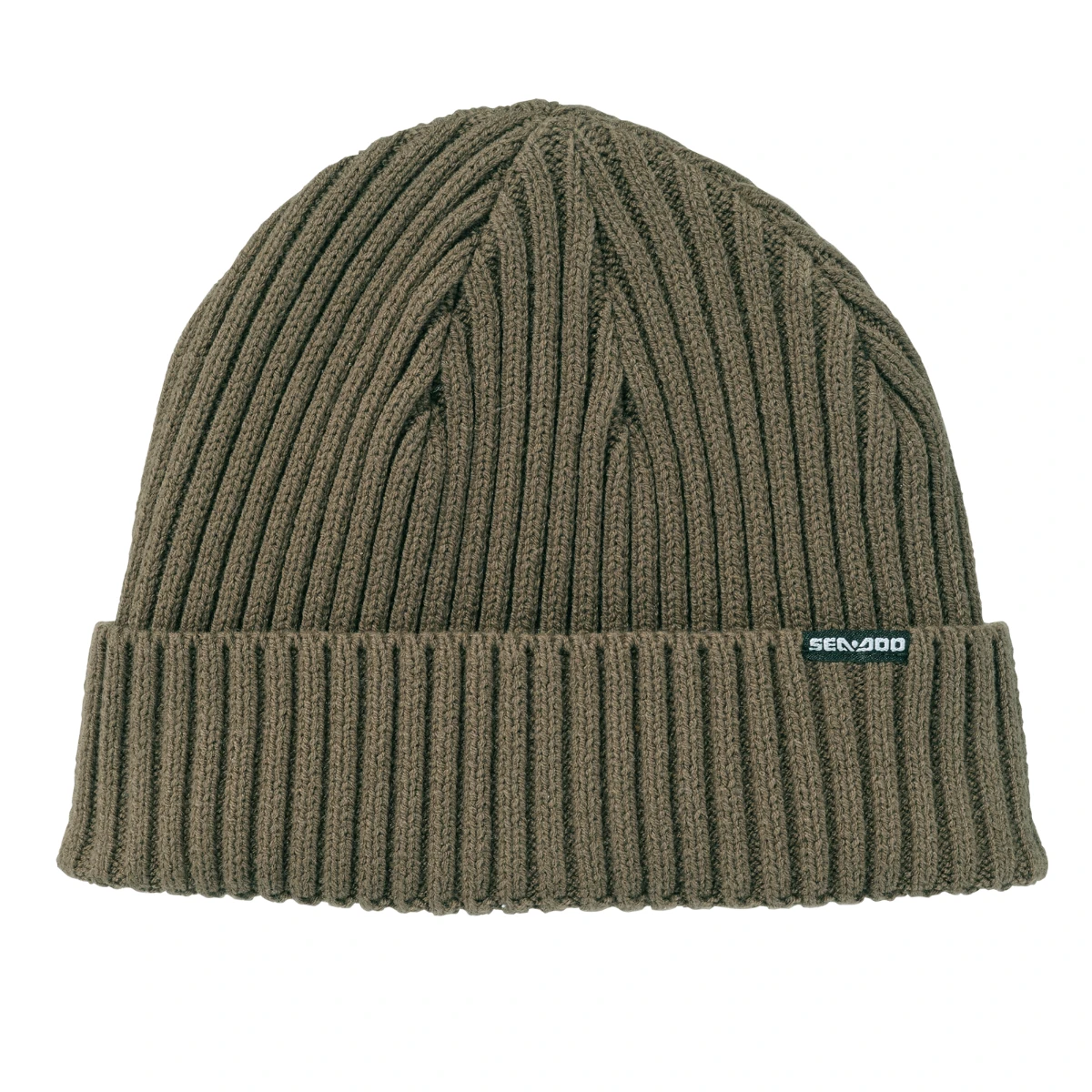 Sea-Doo Short Beanie Army Green rib-knit riding gear with folded cuff and Sea-Doo logo