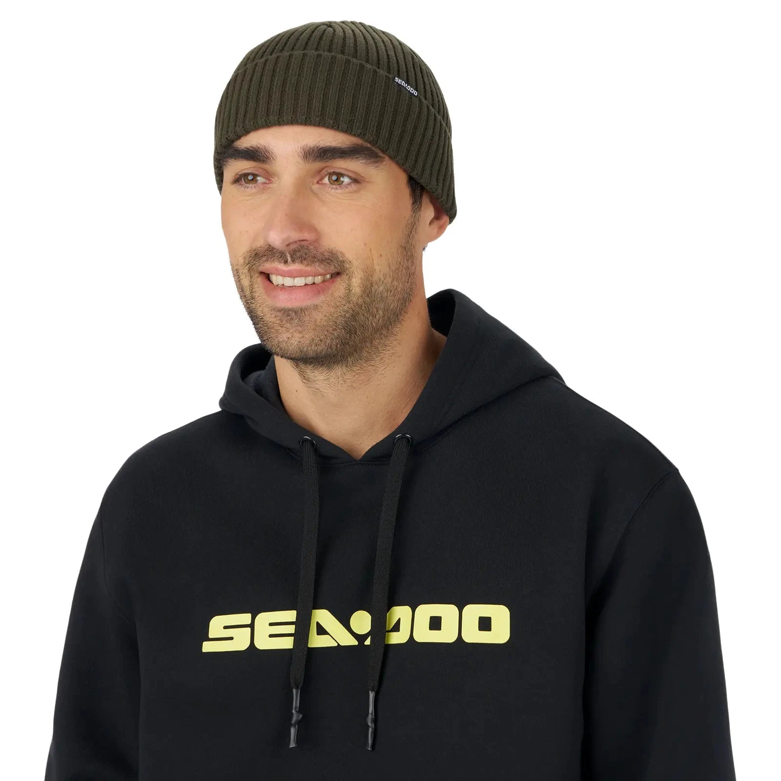 Sea-Doo Short Beanie in army green, ribbed knit riding gear with Sea-Doo logo