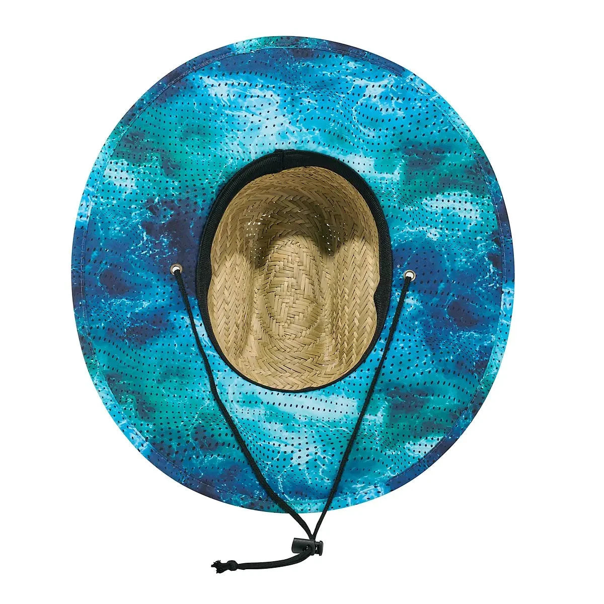 Sea-Doo straw hat with blue tie-dye brim and natural straw crown, sun hat