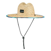 Sea-Doo straw hat; natural woven straw with blue rim, adjustable chin cord, Sea-Doo logo.