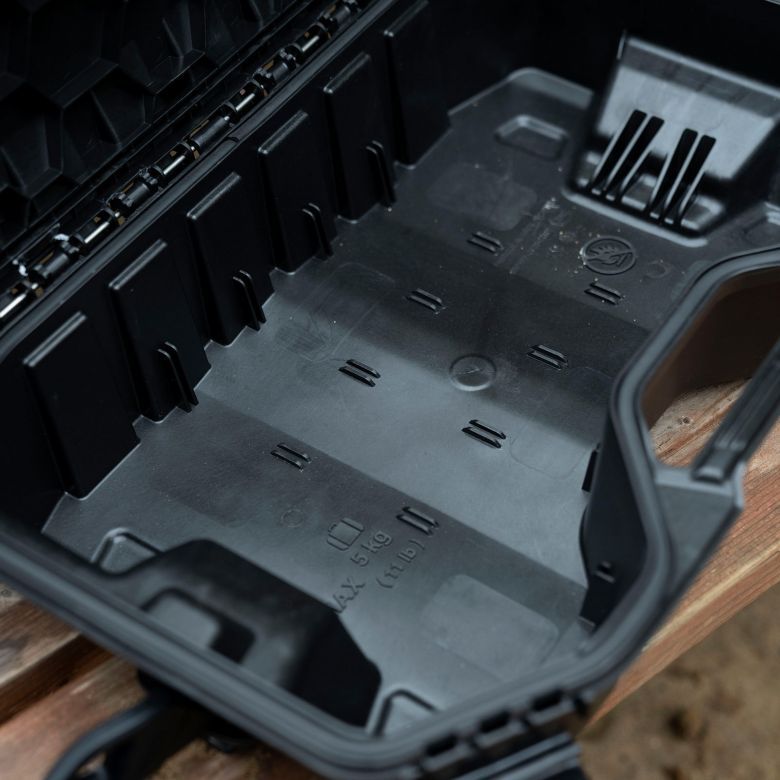 Sea-Doo LinQ 2.6 US Gal modular cargo box interior in black plastic with mounting slots and Sea-Doo logo