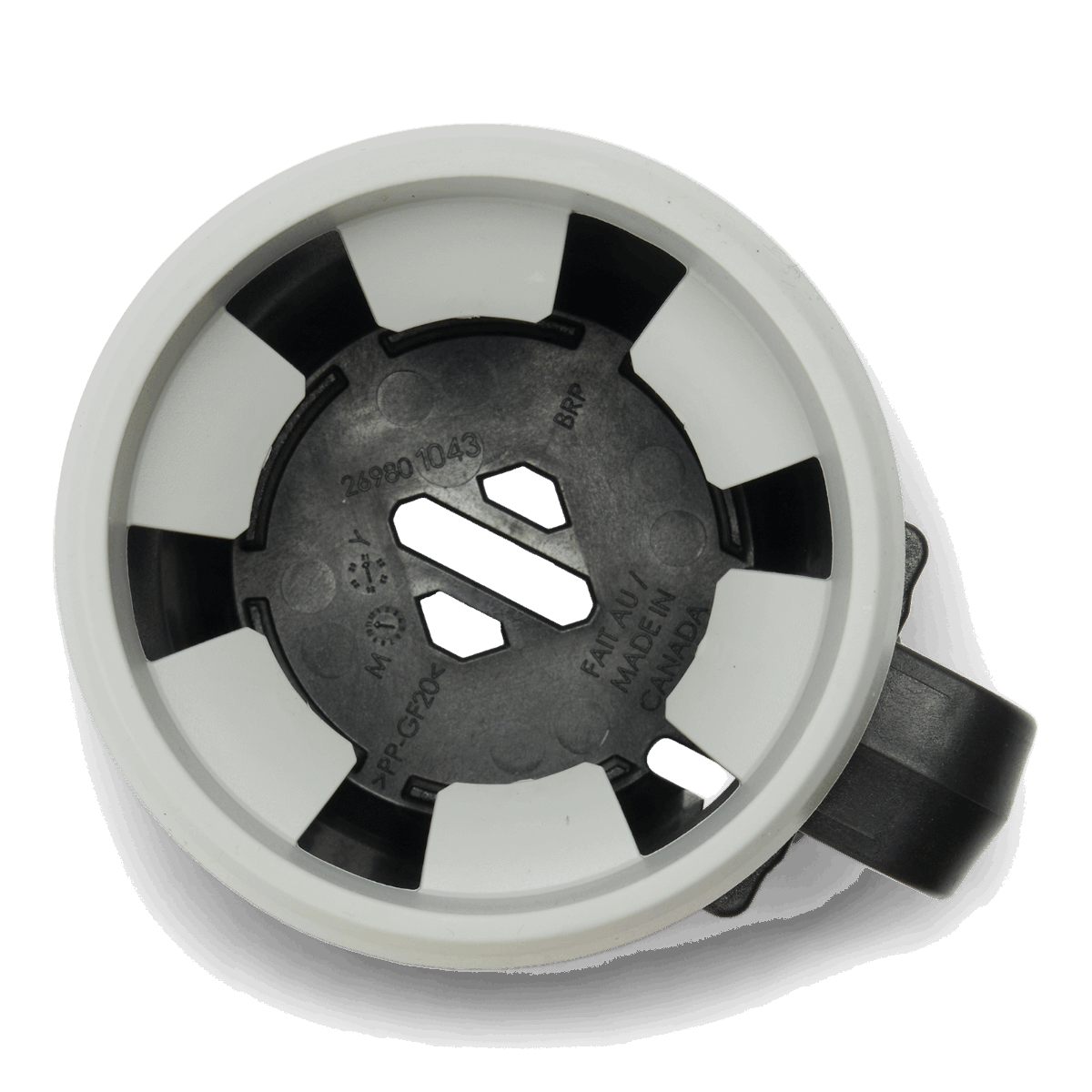 Sea-Doo LinQ Lite Cup Holder for Switch & Spark watercraft; white outer ring, black mounting base.
