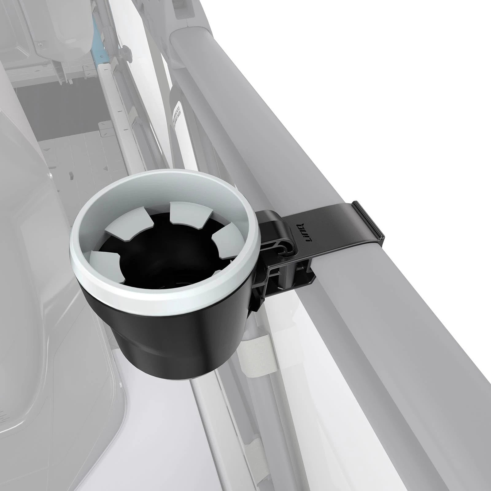 Sea-Doo LinQ Lite cup holder attached to watercraft rail, black exterior with white interior