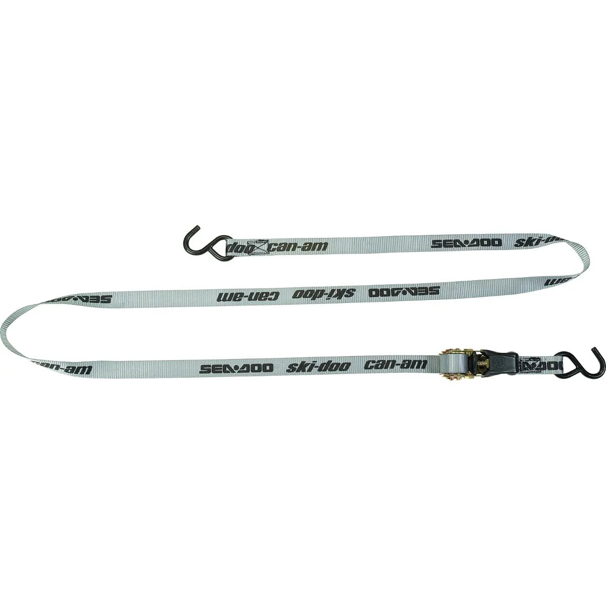 Sea-Doo ratchet tie-down strap with metal hooks, light gray webbing branded Sea-Doo/Ski-Doo/Can-Am.