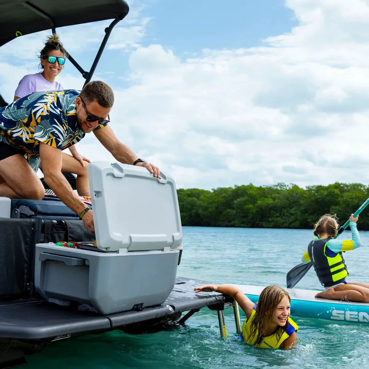 Sea-Doo LinQ Cooler 11.4 US Gal, gray plastic cooler mounted on a boat deck