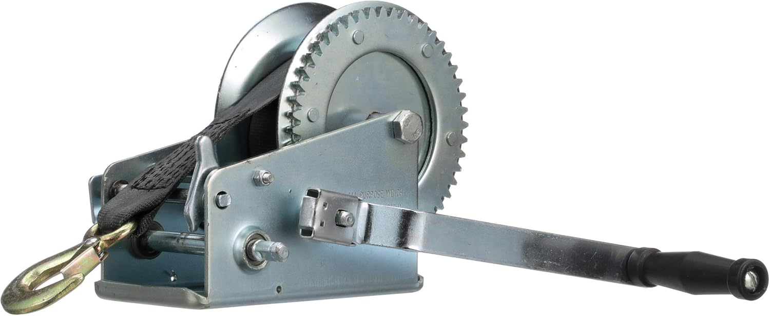 PWC trailer winch with strap and crank handle, 1,000 lb capacity, steel construction