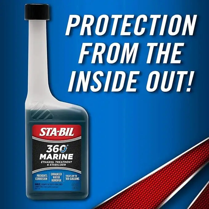Sta-Bil 360 Marine Ethanol Treatment bottle; marine fuel stabilizer for watercraft engines, blue label.