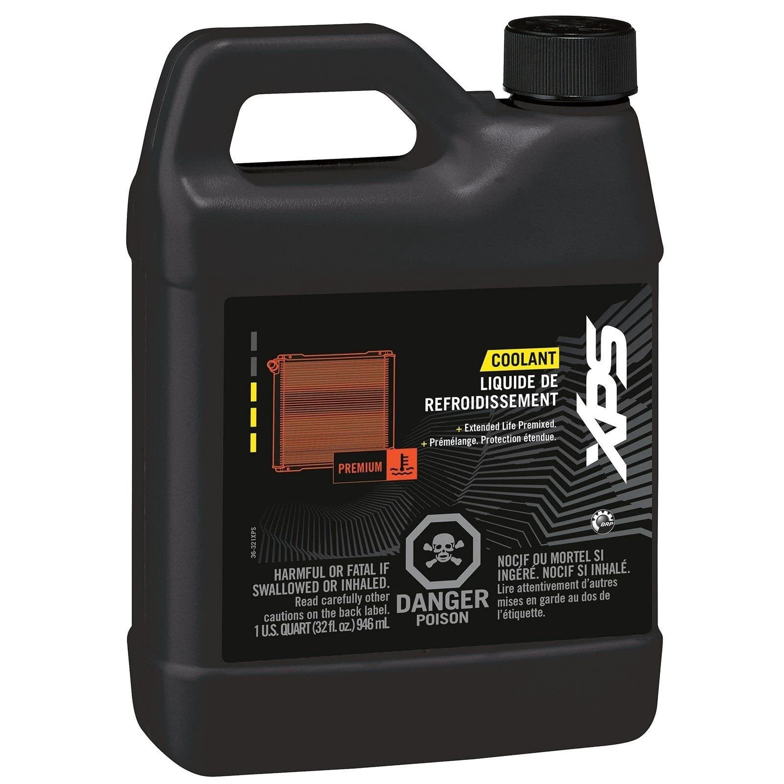 Sea-Doo XPS Extended Life Pre-Mixed Coolant bottle, black plastic jug with label, 1 qt (946 mL)