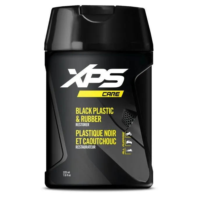 Sea-Doo Black Plastic & Rubber Restorer bottle; black plastic container with yellow XPS CARE label