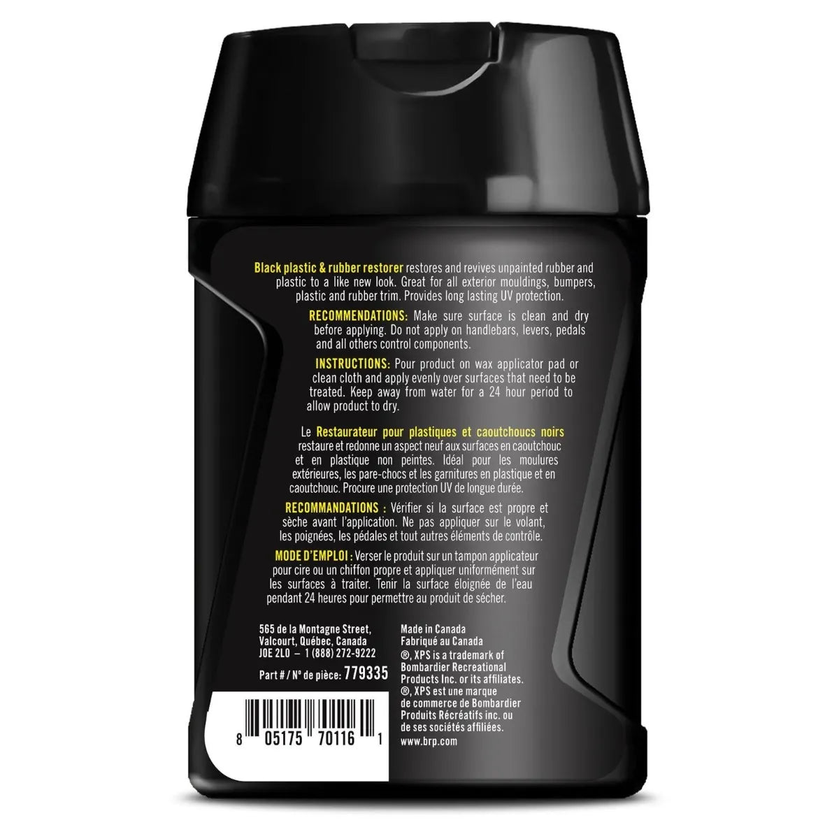 Sea-Doo Black Plastic & Rubber Restorer bottle from XPS Products, a Sea-Doo watercraft cleaner (BRP)