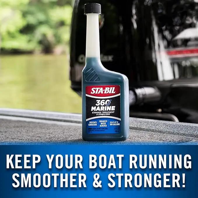 Sta-Bil Marine Ethanol Treatment bottle with blue liquid on a boat deck, Sea-Doo Outlet fuel additive