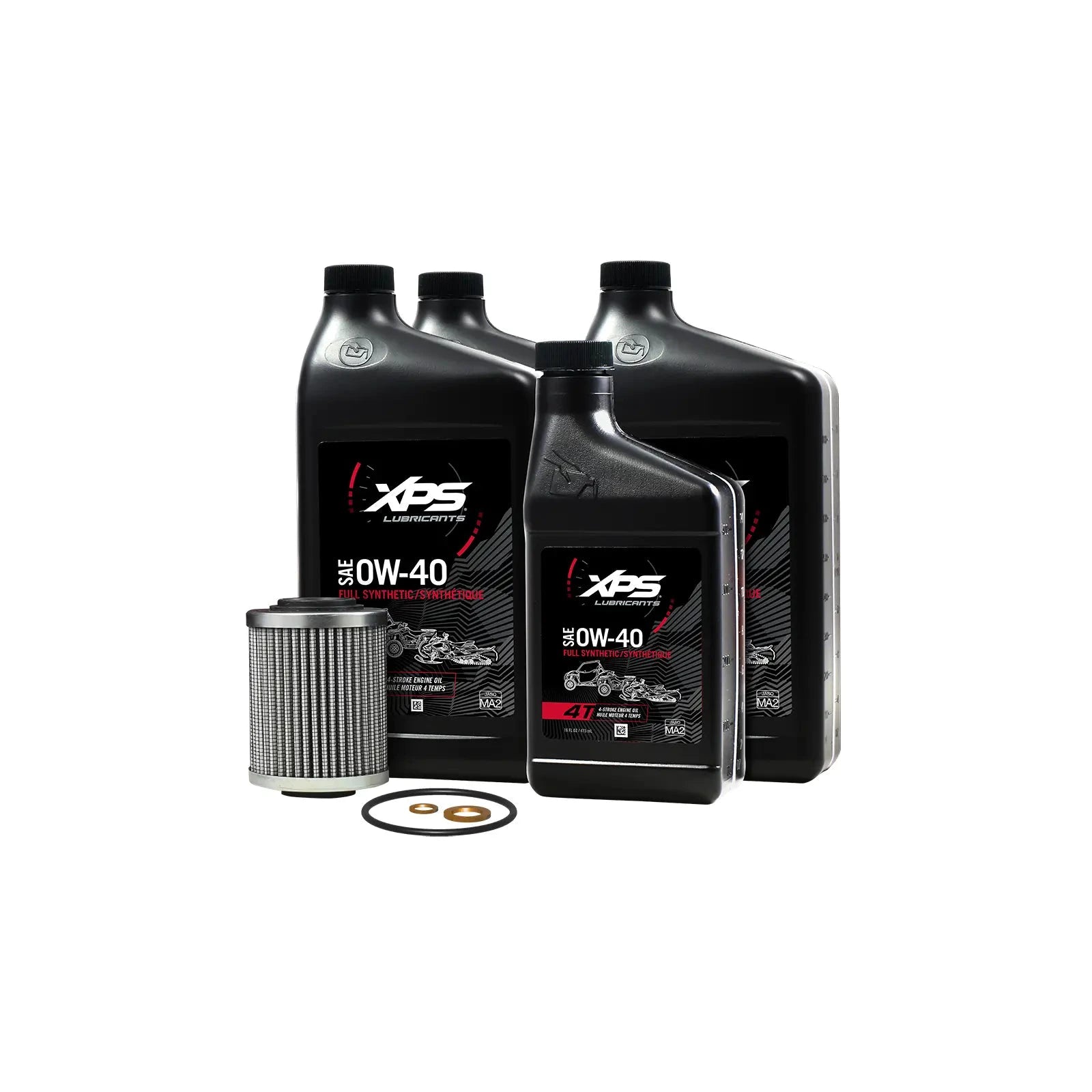 Ski-Doo oil change kit for Rotax 900 ACE with three XPS 0W-40 full-synthetic oil bottles, filter, and O-rings.