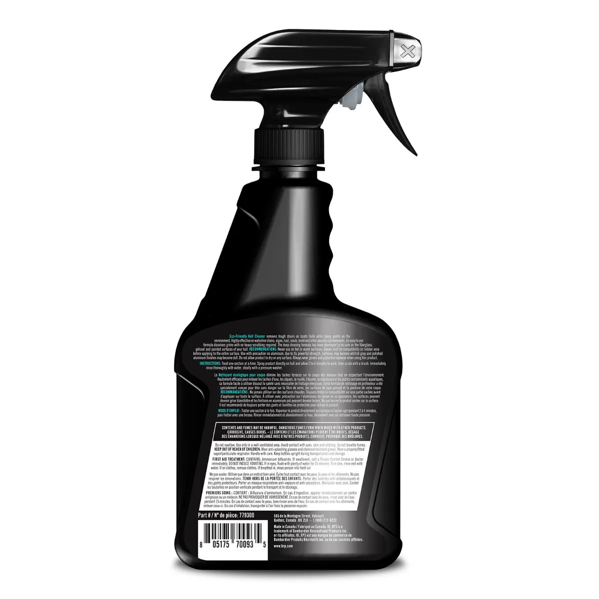 Sea-Doo XPS Care Eco-friendly Hull Cleaner spray bottle, black plastic.