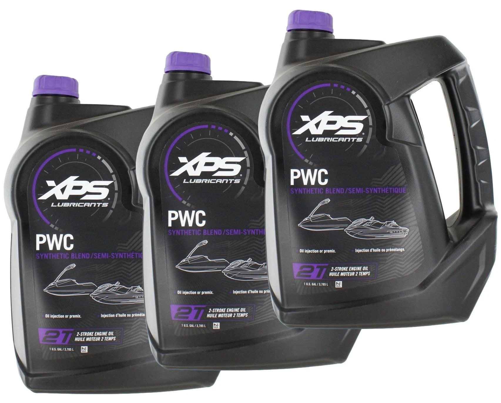 Sea-Doo XPS 2T PWC Synthetic Blend Oil, 3-bottle case; black bottles with purple caps and XPS logo