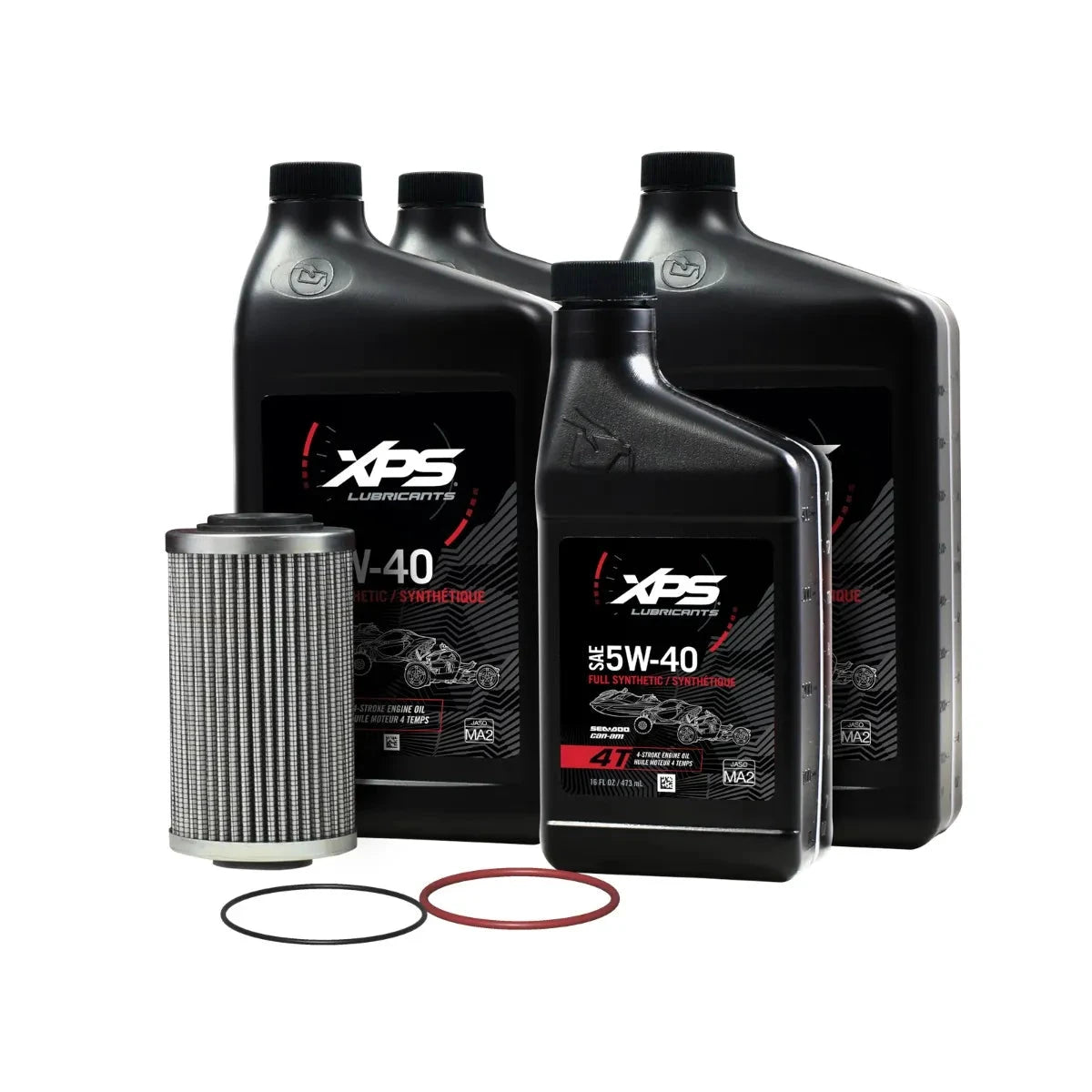XPS 4T 5W-40 Full Synthetic Oil Change Kit by Sea-Doo; four bottles plus a filter and O-rings for watercraft engines.