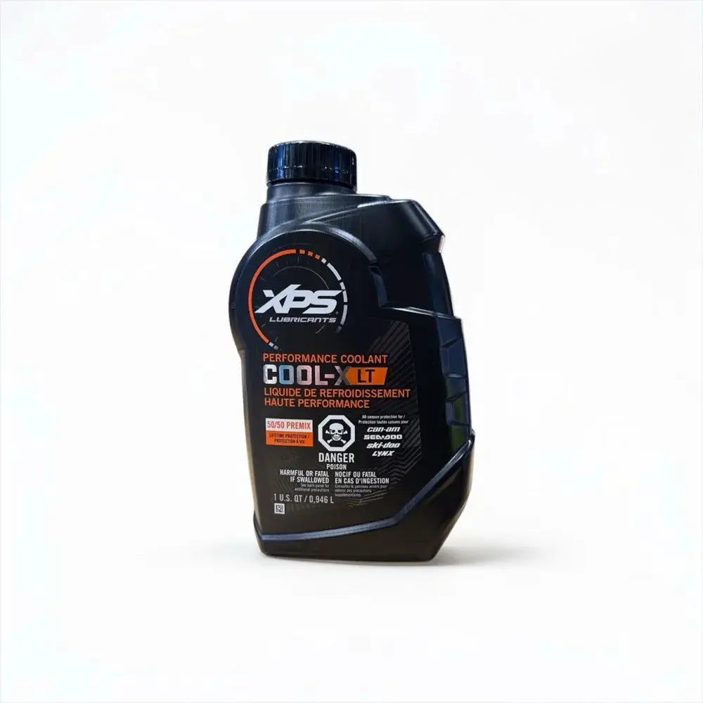 Sea-Doo XPS Cool-X LT coolant bottle, black plastic container with orange label