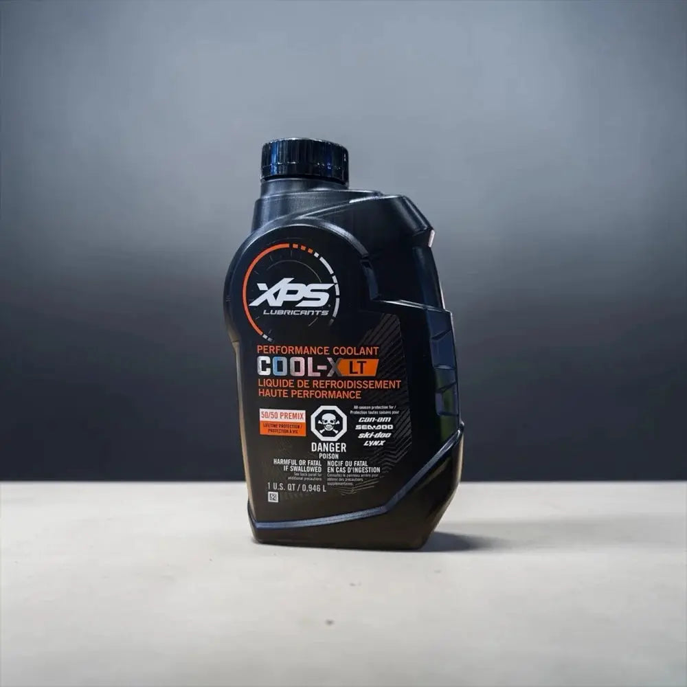 Sea-Doo XPS LT Performance Coolant bottle, black plastic container with blue cap and orange label