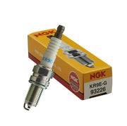 NGK Spark Plug KR9E-G with yellow NGK box, featuring white ceramic insulator and metal threaded shell.