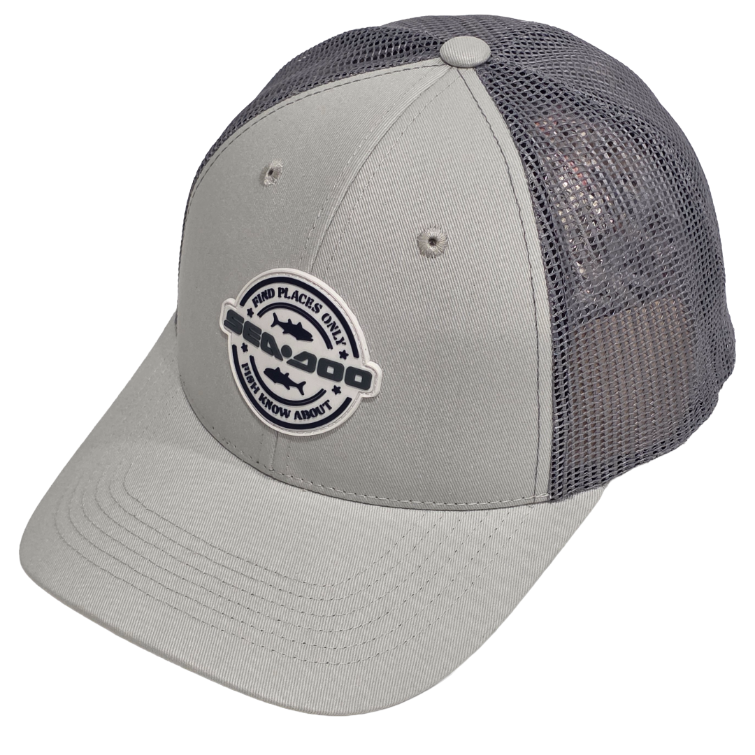 Sea-Doo U Fishing curved mesh hat; gray front panels with black mesh back and Sea-Doo logo patch