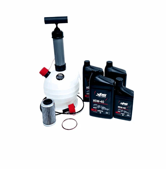 Sea-Doo Oil Change Kit With Extractor Pump, white reservoir and four oil bottles