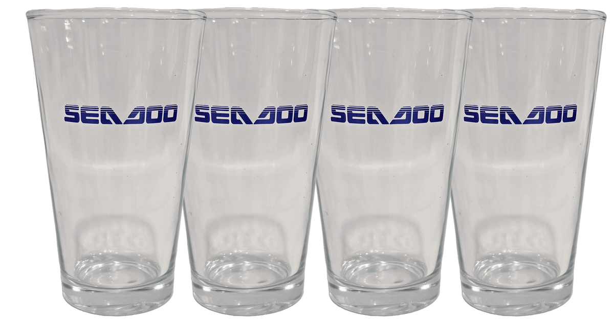 Sea-Doo pint glass 4-pack, clear 16 oz beer glasses with blue Sea-Doo logo