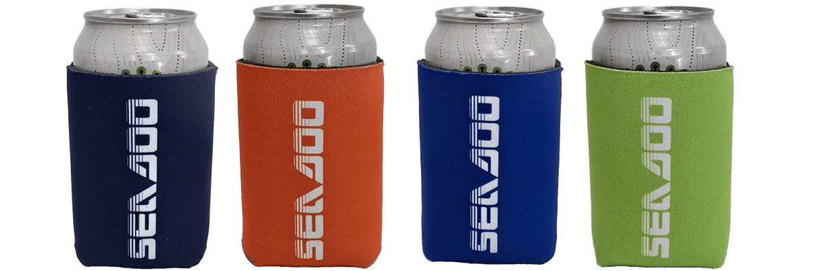 Sea-Doo 12 oz Can Koozie set of four in navy, orange, royal blue, and lime green.