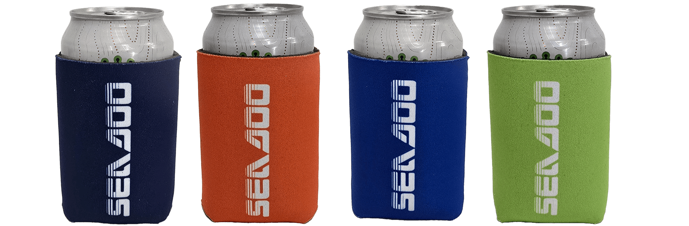 Sea-Doo 12 oz Can Koozie set of four in navy, orange, royal blue, and lime green.