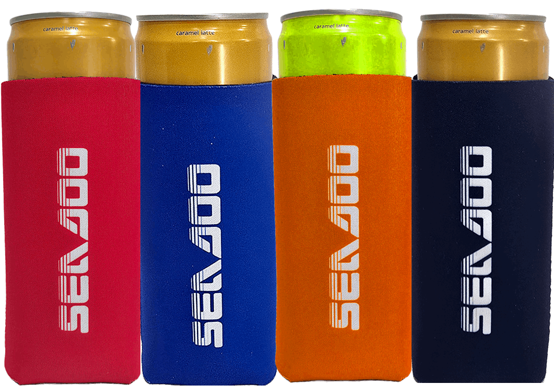Sea-Doo Slim Can Koozie set: four can sleeves in red, blue, orange and navy with SEA-DOO branding