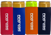 Sea-Doo Slim Can Koozie set: four can sleeves in red, blue, orange and navy with SEA-DOO branding