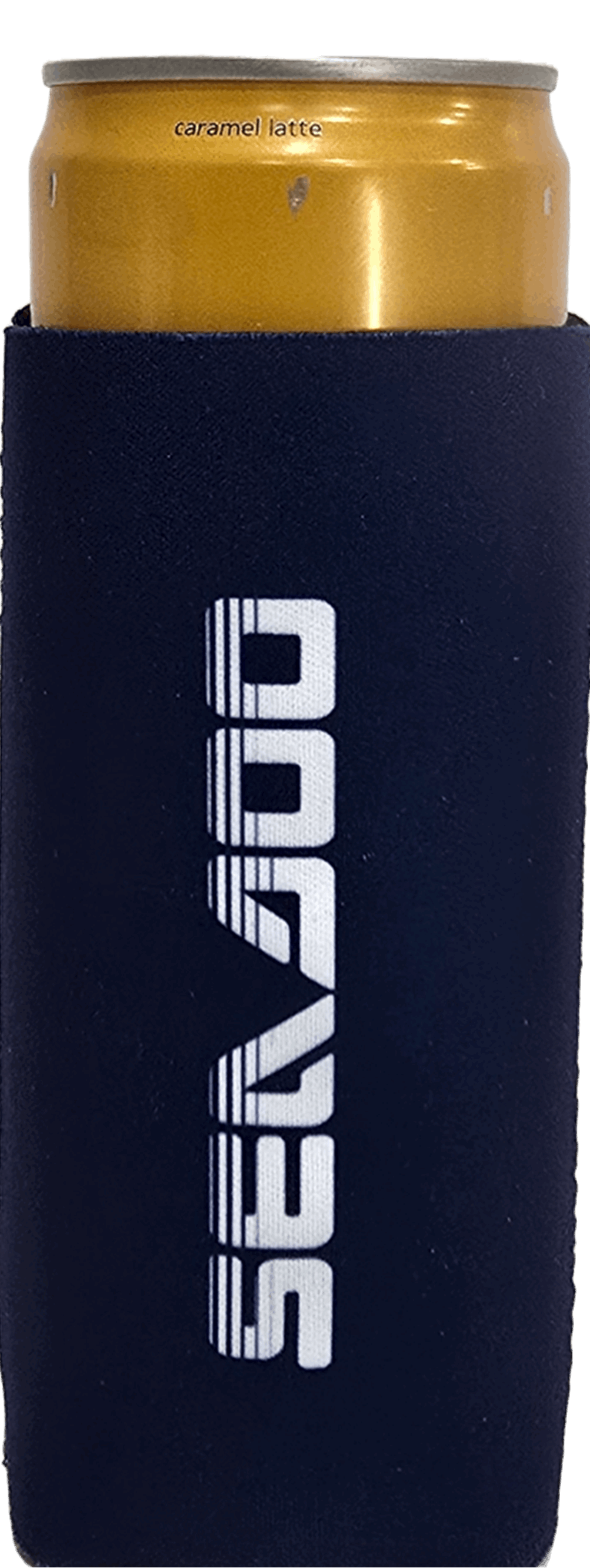 Sea-Doo Slim Can Koozie; navy neoprene sleeve with white Sea-Doo logo