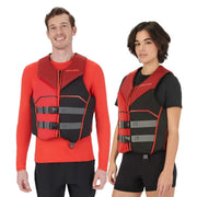 Sea-Doo Freedom PFD Lava Red life jackets on two models; red/black with gray straps