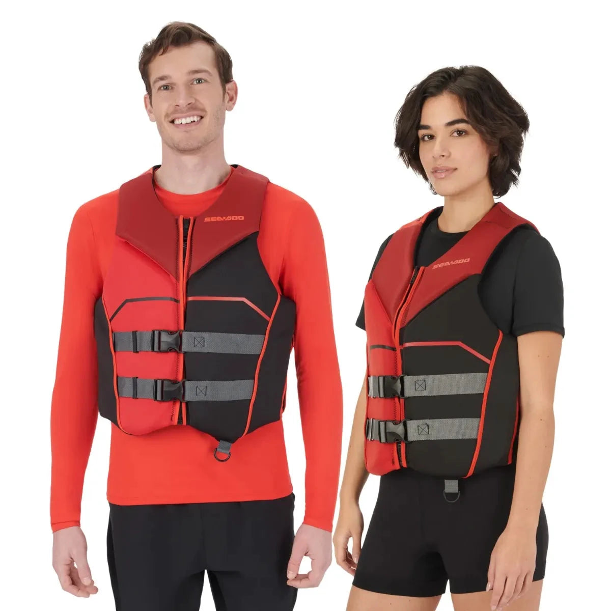 Sea-Doo Freedom PFD Lava Red life jackets on two models; red/black with gray straps