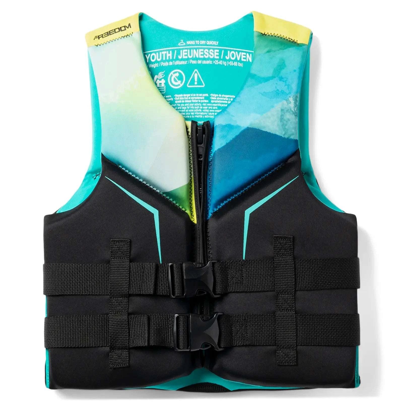 Sea-Doo Kids' Large Freedom PFD Life Jacket with teal and black panels, front zipper, and dual straps