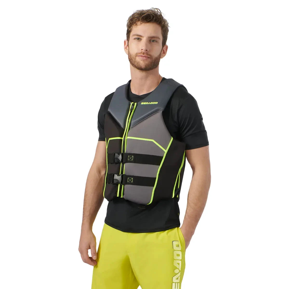Sea-Doo Freedom PFD Black life jacket with neon lime trim and front buckles.