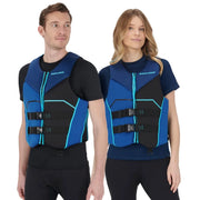 Sea-Doo Freedom PFD Blue life jackets by BRP, shown on two people with blue/black panels and turquoise trim