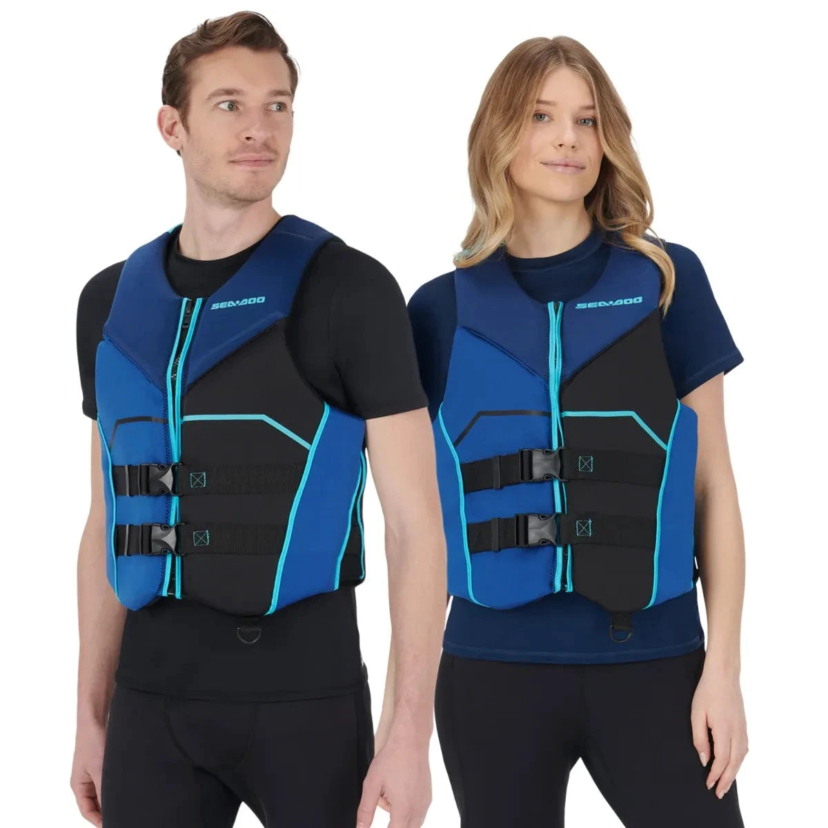Sea-Doo Freedom PFD Blue life jackets by BRP, shown on two people with blue/black panels and turquoise trim
