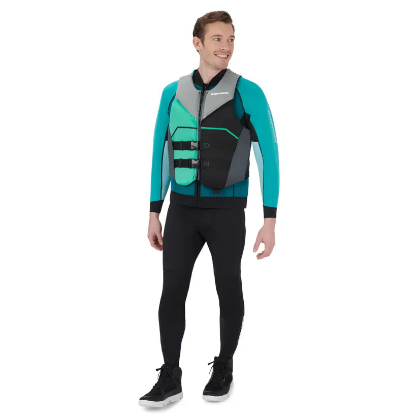 Sea-Doo Freedom PFD Life Jacket by BRP; teal/black with gray panels, unisex vest with three buckles