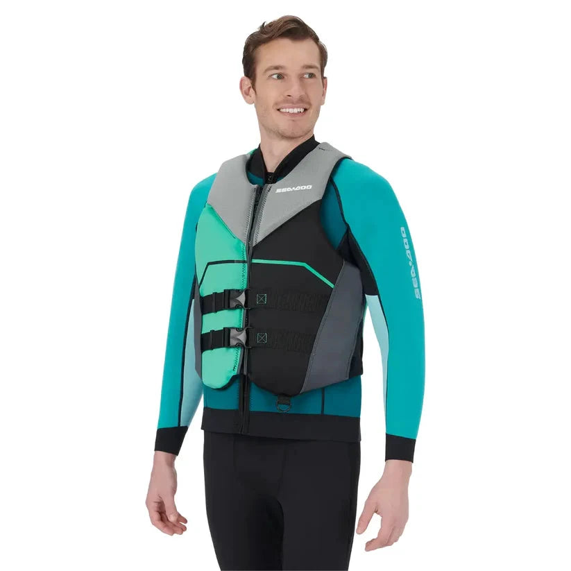 Sea-Doo Unisex Freedom PFD/Life Jacket, teal and gray with three front buckles
