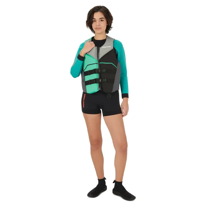 Sea-Doo Unisex Freedom PFD life jacket in teal/gray with three-buckle straps