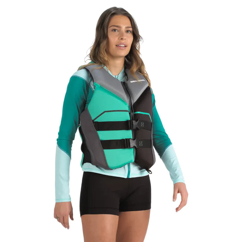 Sea-Doo Freedom PFD Life Jacket in teal/green with grey shoulders and black adjustable straps