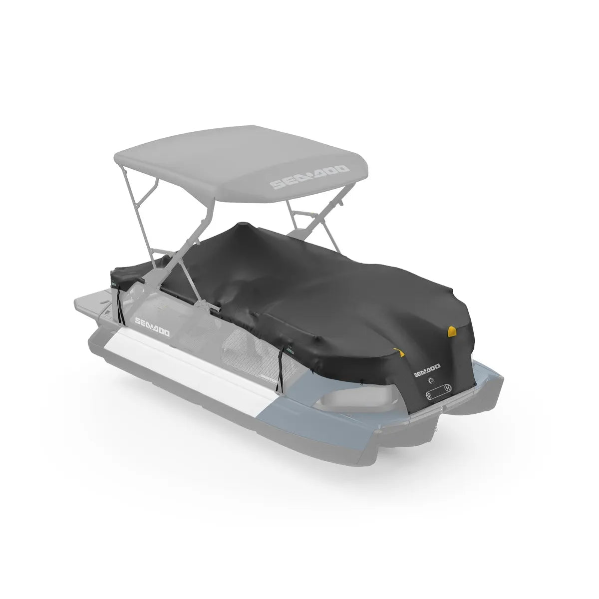 Sea-Doo Switch 18' Cruise watercraft with gray mooring/trailering cover and canopy