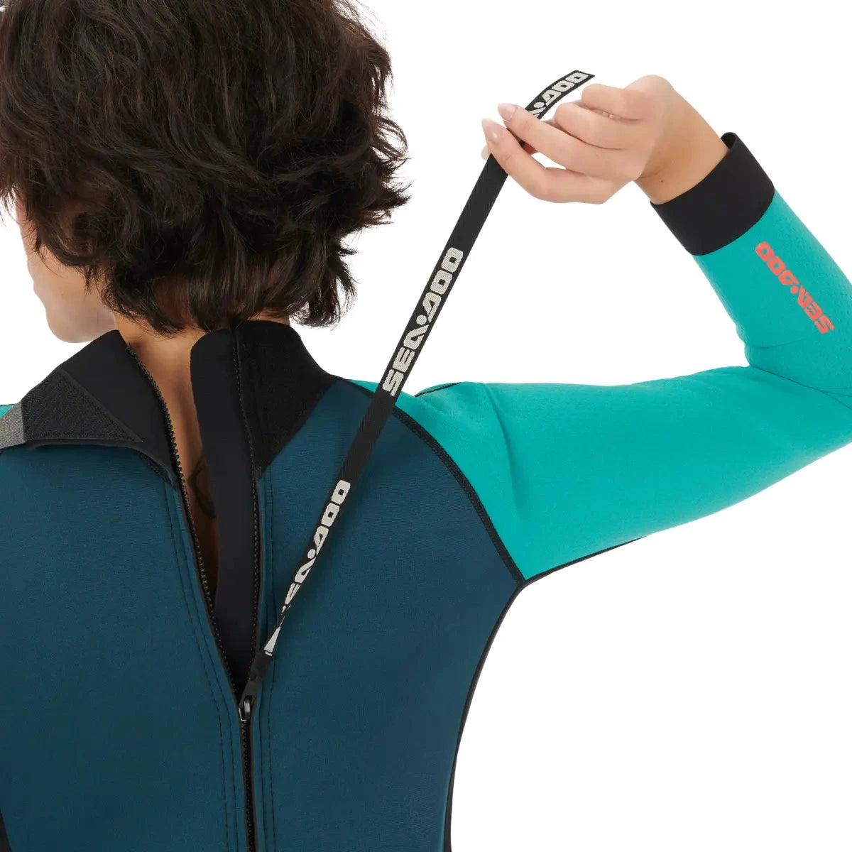 Sea-Doo women's 2mm exotic neoprene shorty wetsuit in teal with black trim.