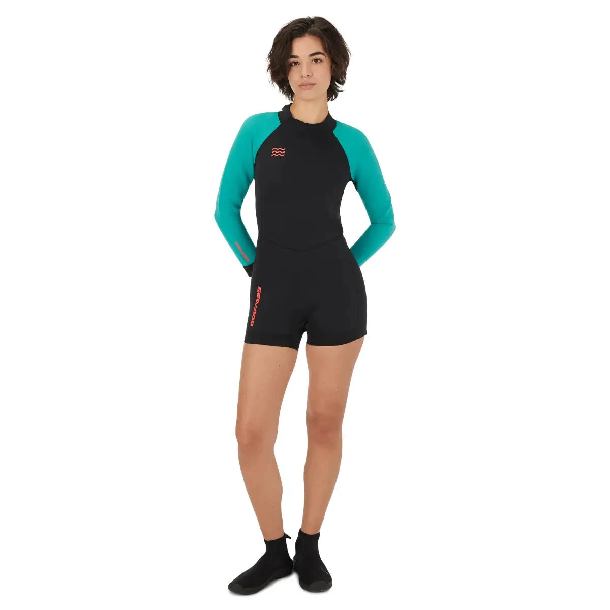 Sea-Doo Women's 2mm Exotic Neoprene Shorty Wetsuit in black with teal sleeves
