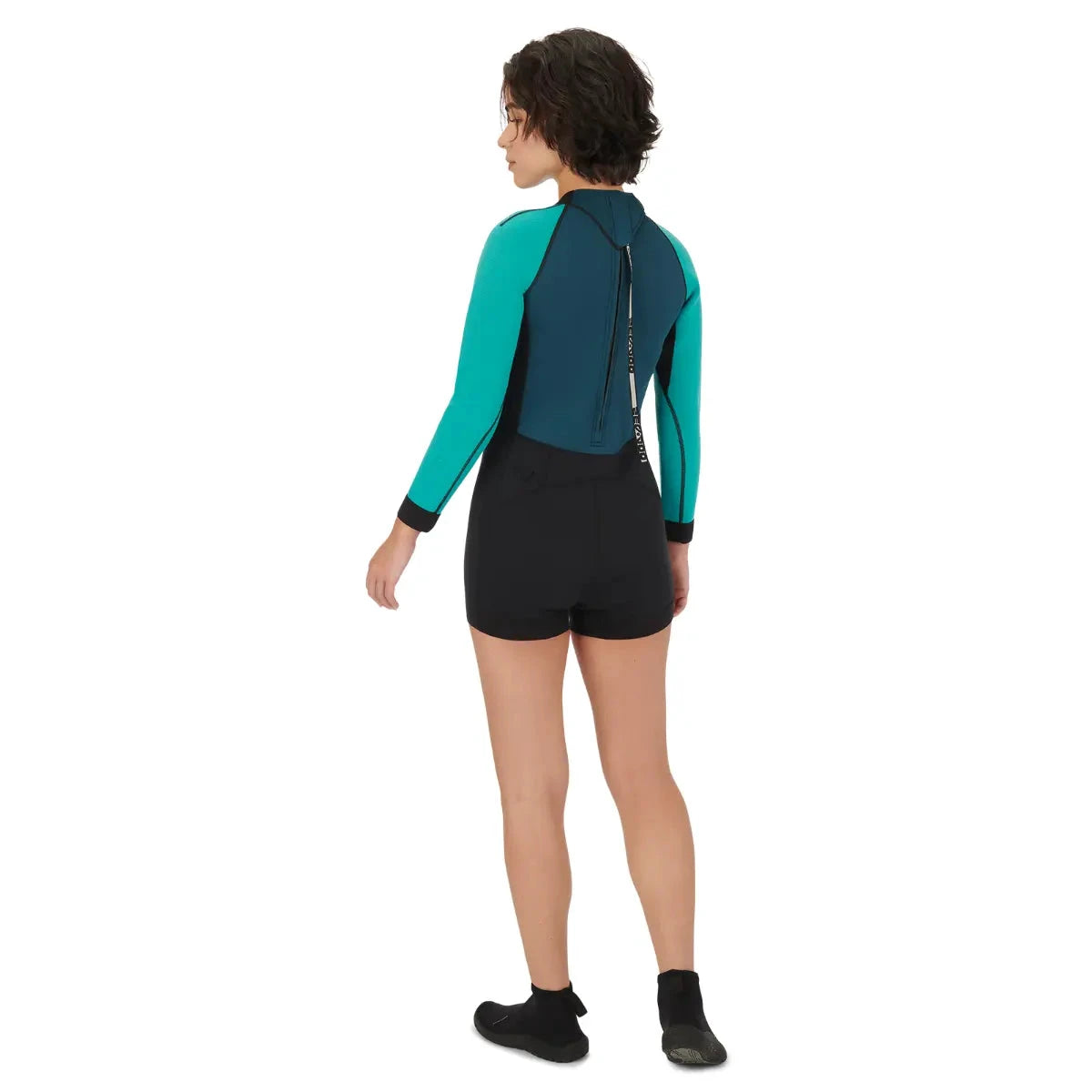 Sea-Doo women's 2mm exotic neoprene shorty wetsuit with teal sleeves, back zipper, riding gear for watersports