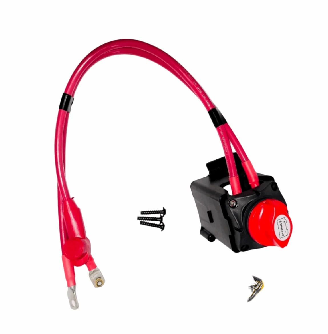 Sea-Doo Switch Battery Cut Off Kit with red cables and red knob, includes mounting screws