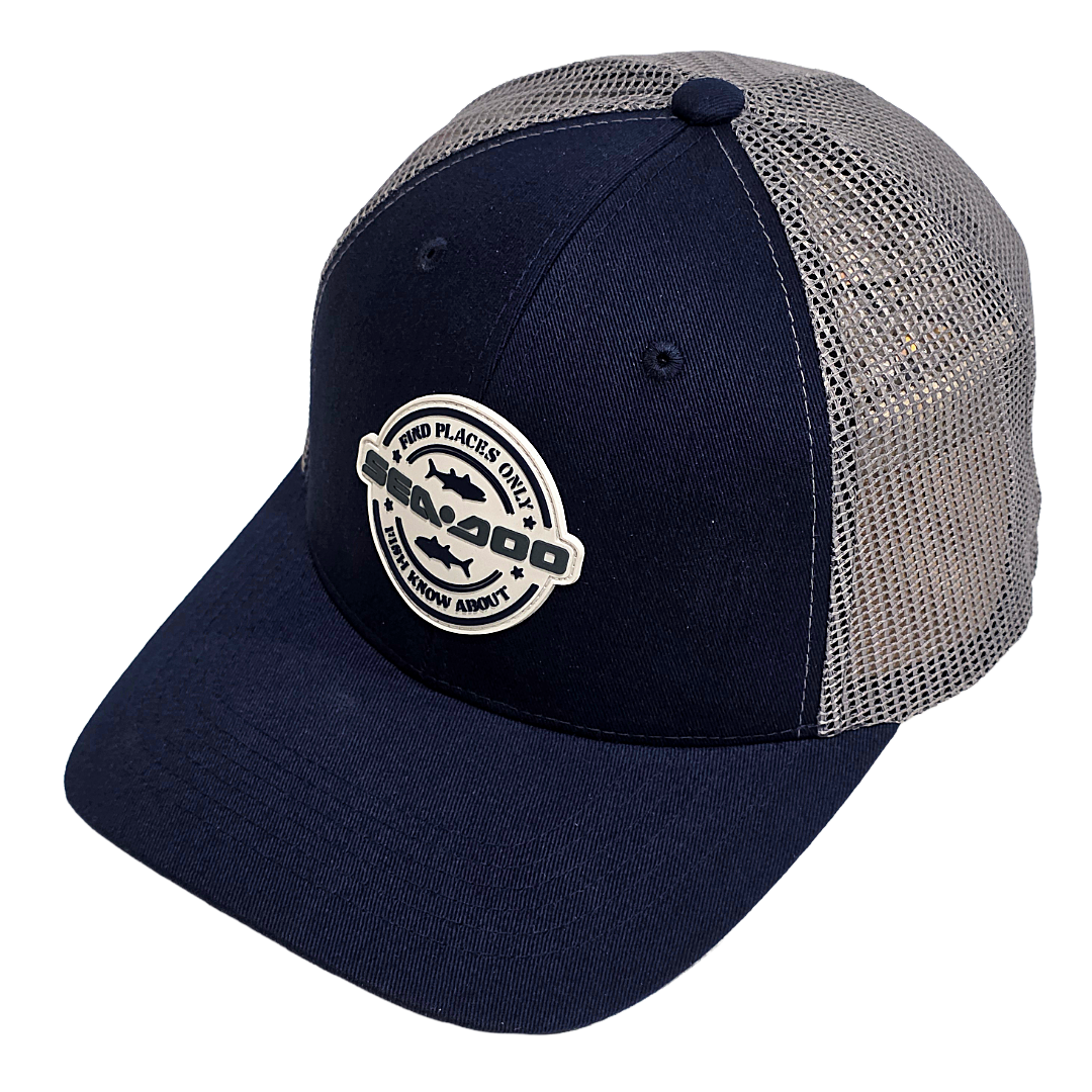 Sea-Doo U Fishing curved mesh hat, navy front panels with gray mesh back, trucker style.