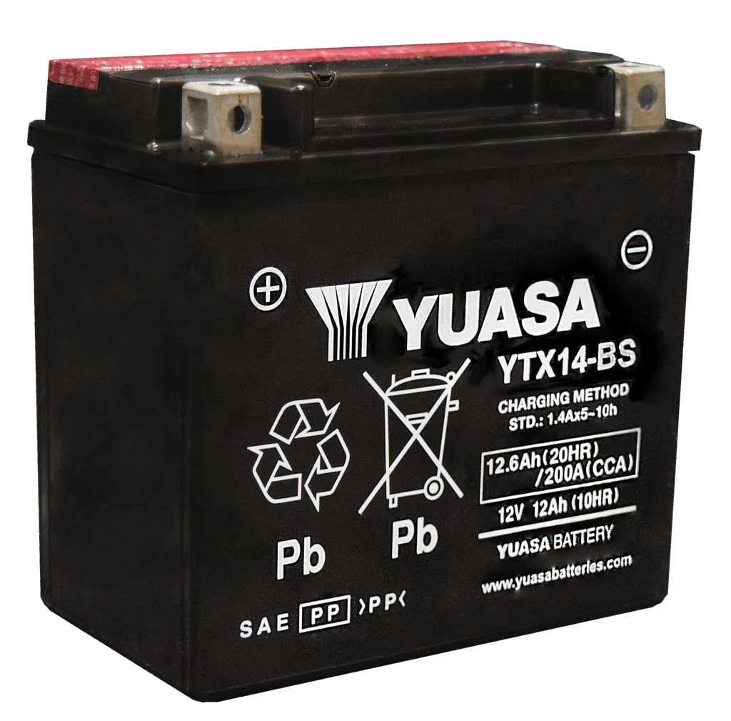 Battery Yuasa YTX14-BS AGM Sea-Doo; black case with white logo and exposed terminals